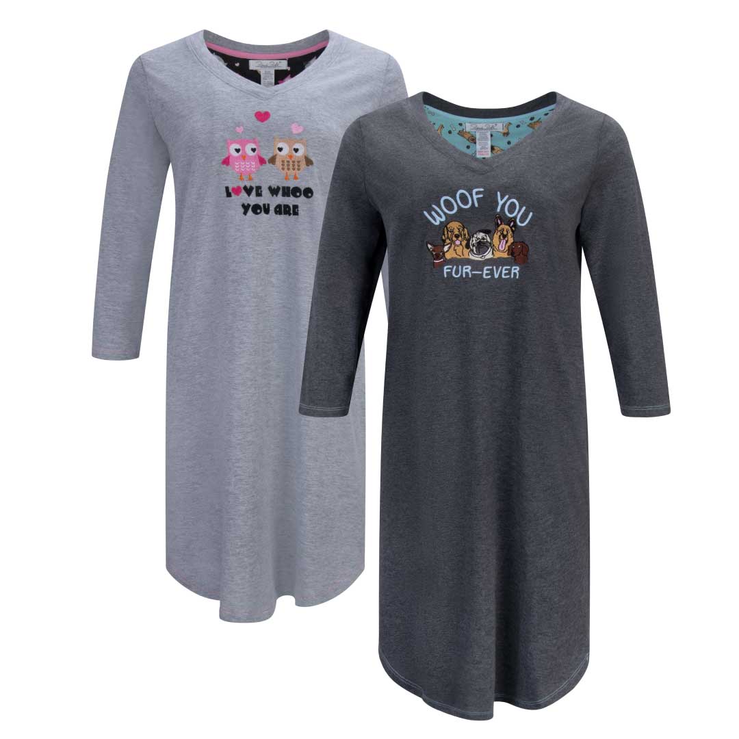 René Rofé Women's 3/4 Sleeve Cotton Nightshirt in Grey Owls and Dogs print